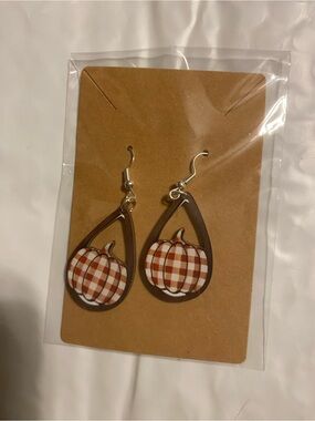 Hand Crafted Brown Plaid Pumpkin Teardrop Earrings
